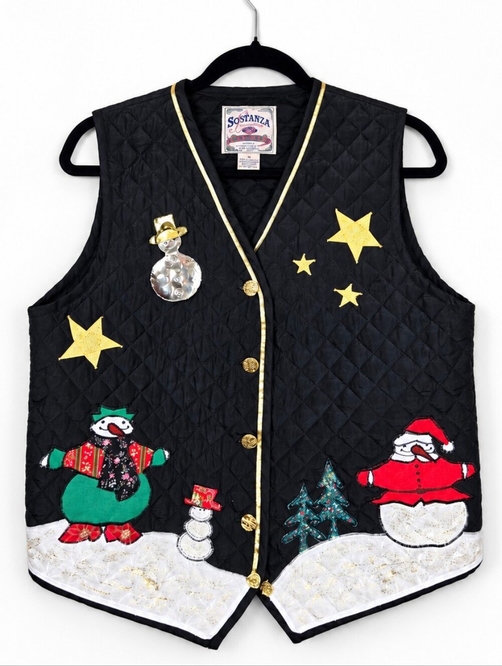 Vintage 90s Art to Wear Christmas Snowman Quilted Silk Vest Whimsical Size M